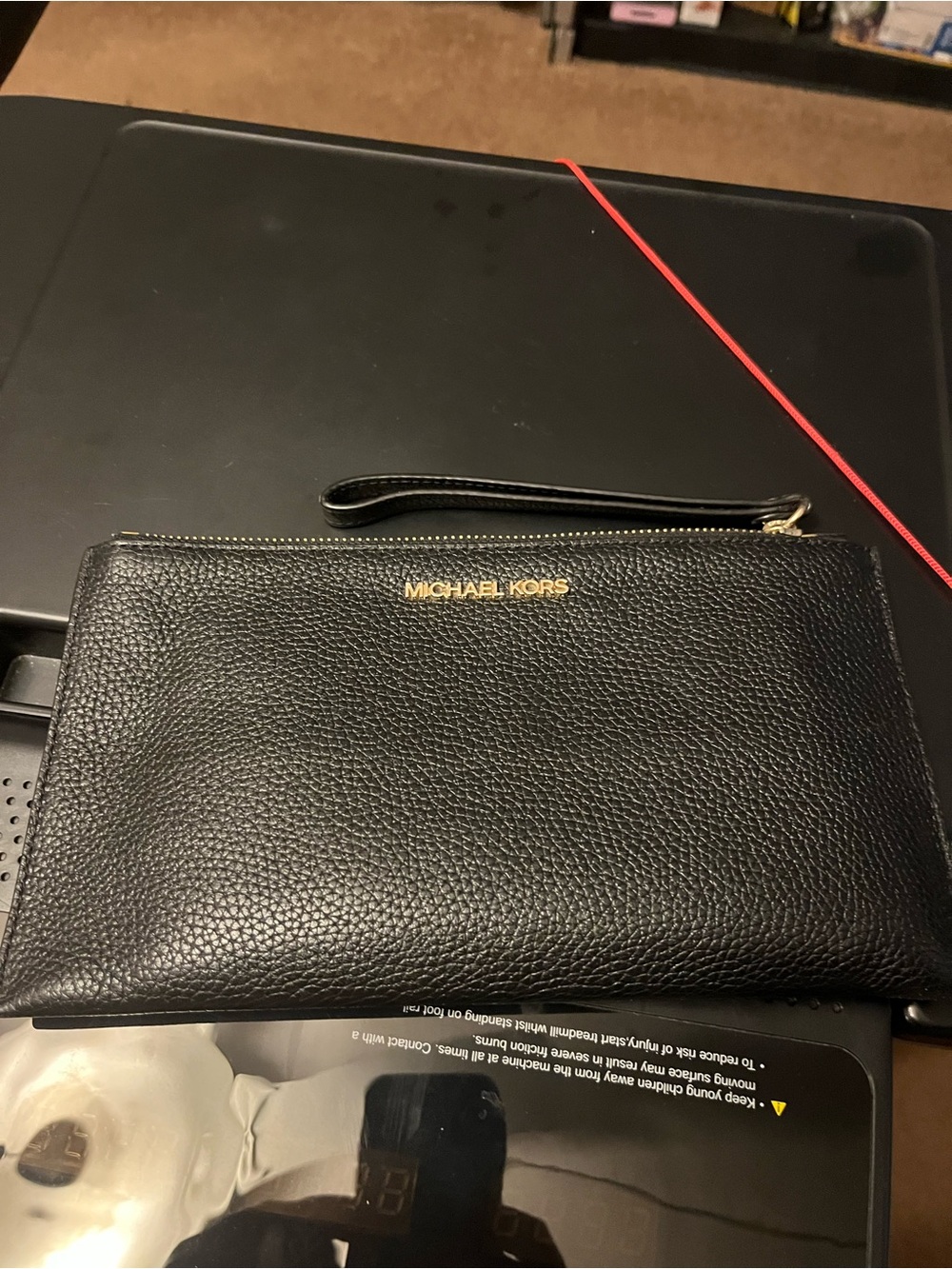 Michael Kors Black Pebbled Leather Wristlet with Gold Logo